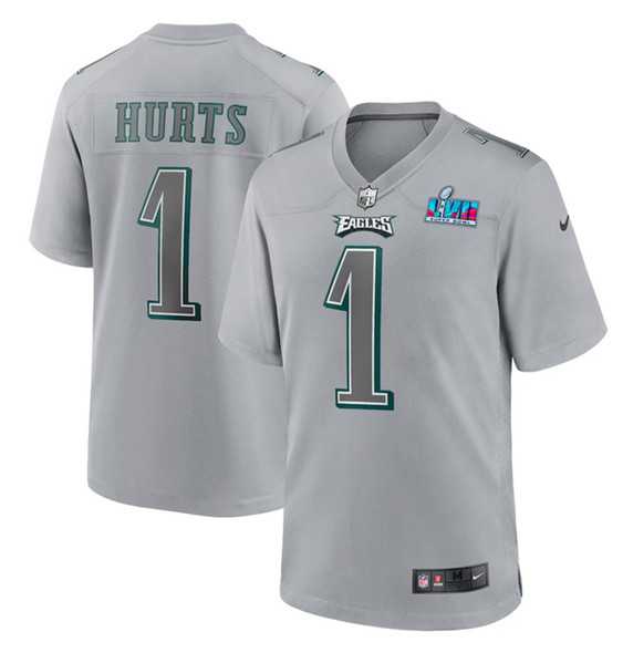 Men's Philadelphia Eagles #1 Jalen Hurts Gray Super Bowl LVII Patch Atmosphere Fashion Stitched Game Jersey,We sell and wholesale Men's Philadelphia Eagles #1 Jalen Hurts Gray Super Bowl LVII Patch Atmosphere Fashion Stitched Game Jersey on line form chian!